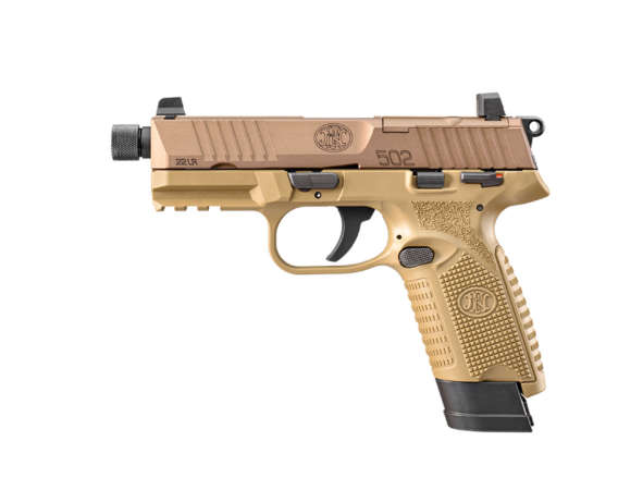 PISTOLET FN HERSTAL FN 502, CALIBRE 22 LR, CHARGEURS 10 ET 15, FILETAGE 1/2X28 TAN – Image 2