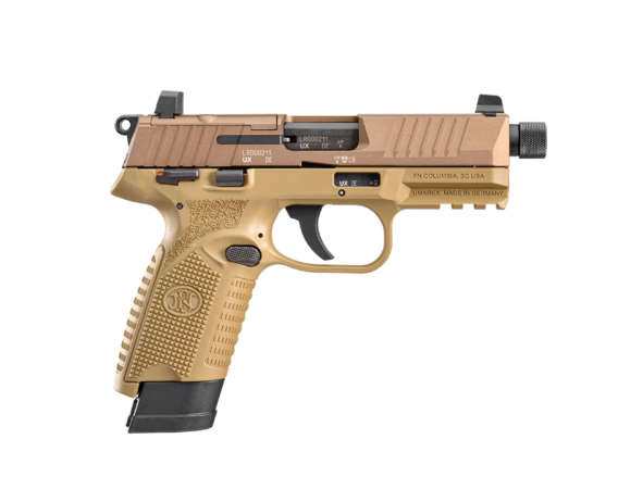 PISTOLET FN HERSTAL FN 502, CALIBRE 22 LR, CHARGEURS 10 ET 15, FILETAGE 1/2X28 TAN