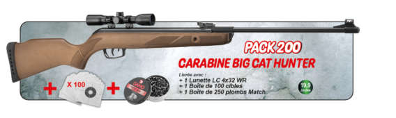 PACK CARABINE GAMO BIG CAT HUNTER AVEC LUNETTE, CIBLES + PLOMBS 19.9 JOULES