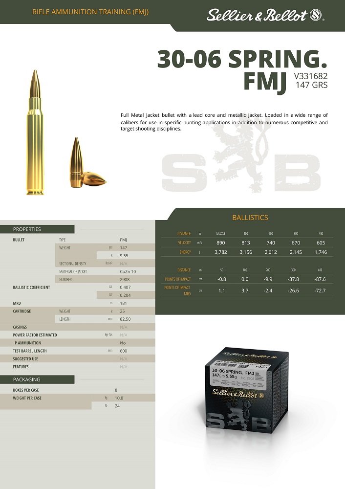 MUNITIONS SELLIER et BELLOT 30.06 147GR FMJ VRAC X50 – Image 3